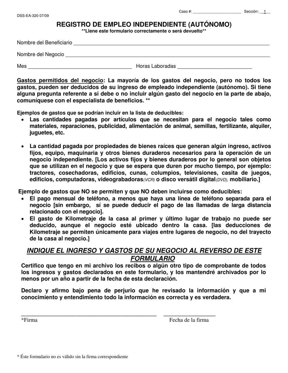 Formulario DSS-EA-320 Registro De Empleo Independiente (Autonomo) - South Dakota (Spanish), Page 1
