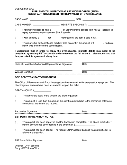 Form DSS-OS-954 Supplemental Nutrition Assistance Program (Snap) Client Authorized Debit for Repayment of Overissuance - South Dakota