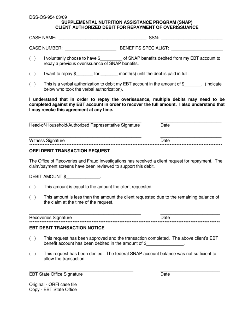 Form DSS-OS-954 Supplemental Nutrition Assistance Program (Snap) Client Authorized Debit for Repayment of Overissuance - South Dakota, Page 1