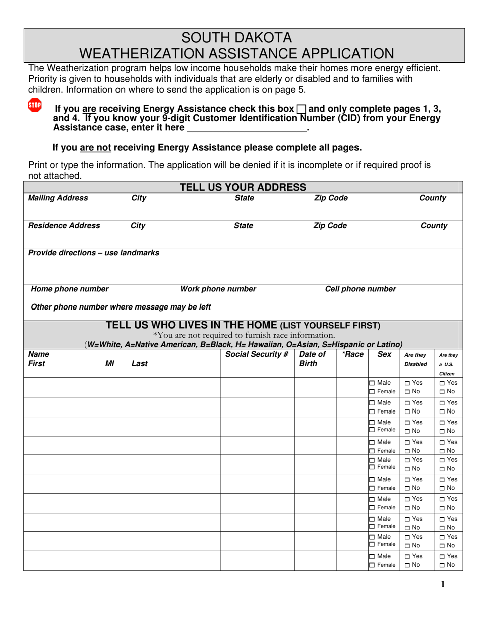 South Dakota South Dakota Weatherization Assistance Application Fill Out, Sign Online and
