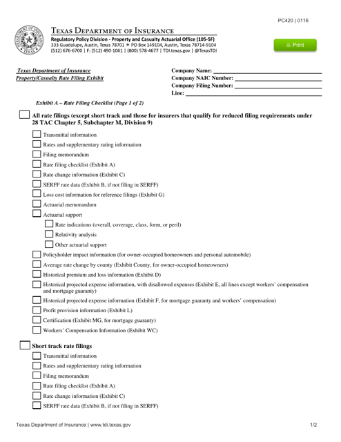 Form PC420 Exhibit A Rate Filing Checklist - Texas