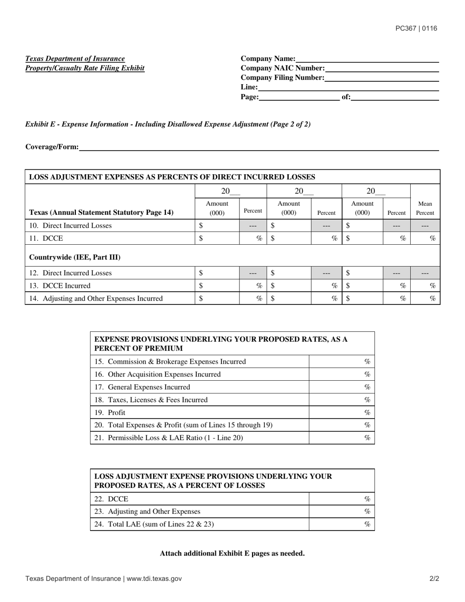 Form PC367 Exhibit E Expense Information - Including Disallowed Expense Adjustment - Texas, Page 2