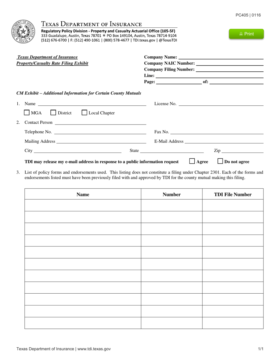 Form PC405 Exhibit CM Additional Information for Certain County Mutuals - Texas, Page 1