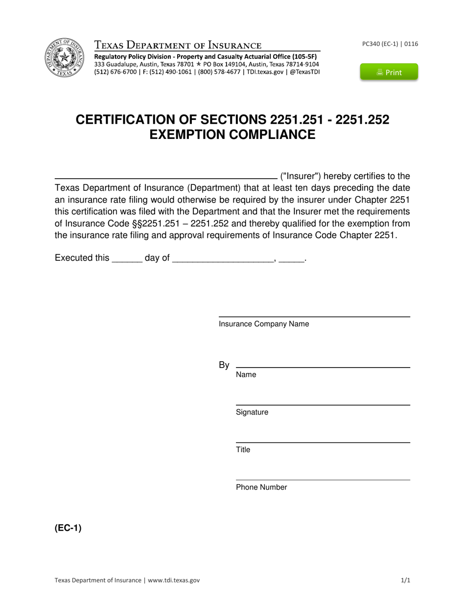 Form PC340 (EC-1) Certification of Sections 2251.251 - 2251.252 Exemption Compliance - Texas, Page 1