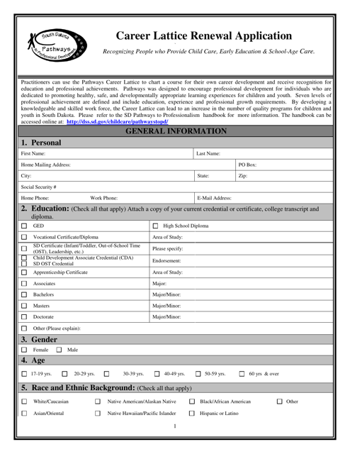 Career Lattice Renewal Application Form - South Dakota Download Pdf