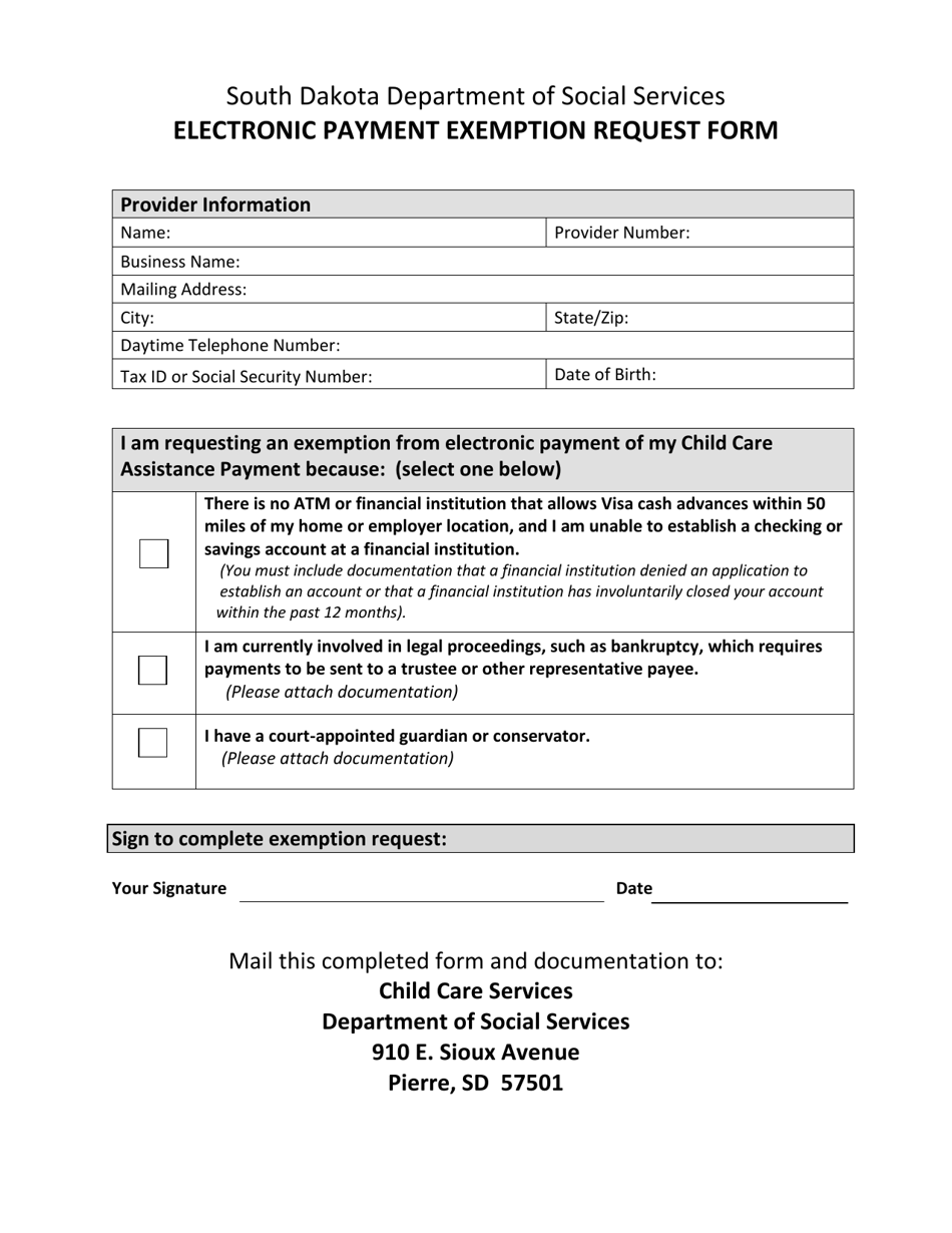 Electronic Payment Exemption Request Form - South Dakota, Page 1
