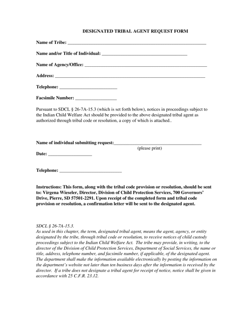 Designated Tribal Agent Request Form - South Dakota Download Pdf