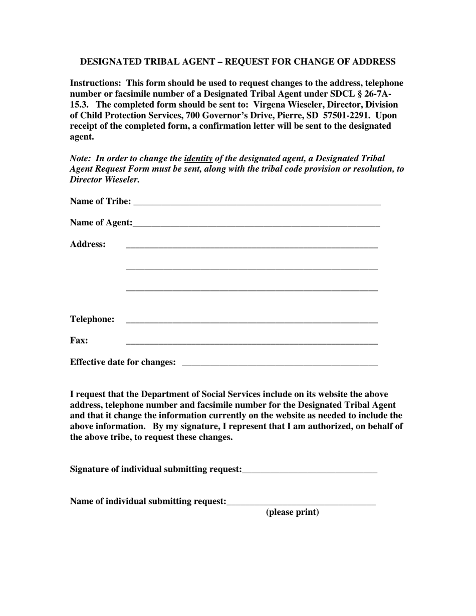 Designated Tribal Agent - Request for Change of Address - South Dakota, Page 1