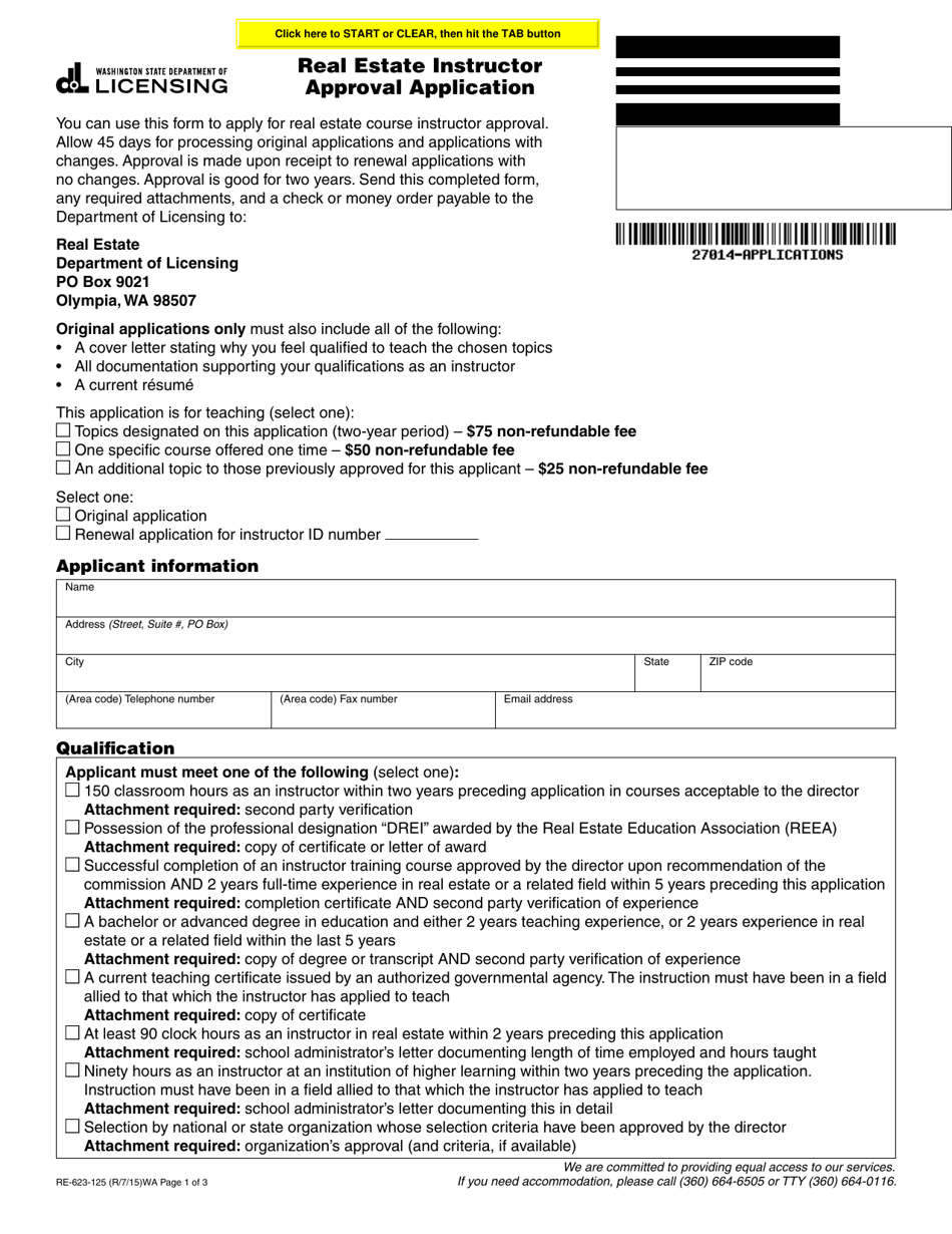 Form RE-623-125 Real Estate Instructor Approval Application - Washington, Page 1