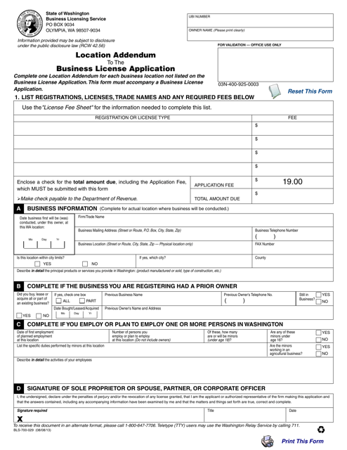 Form BLS-700-029 Location Addendum to the Business License Application - Washington