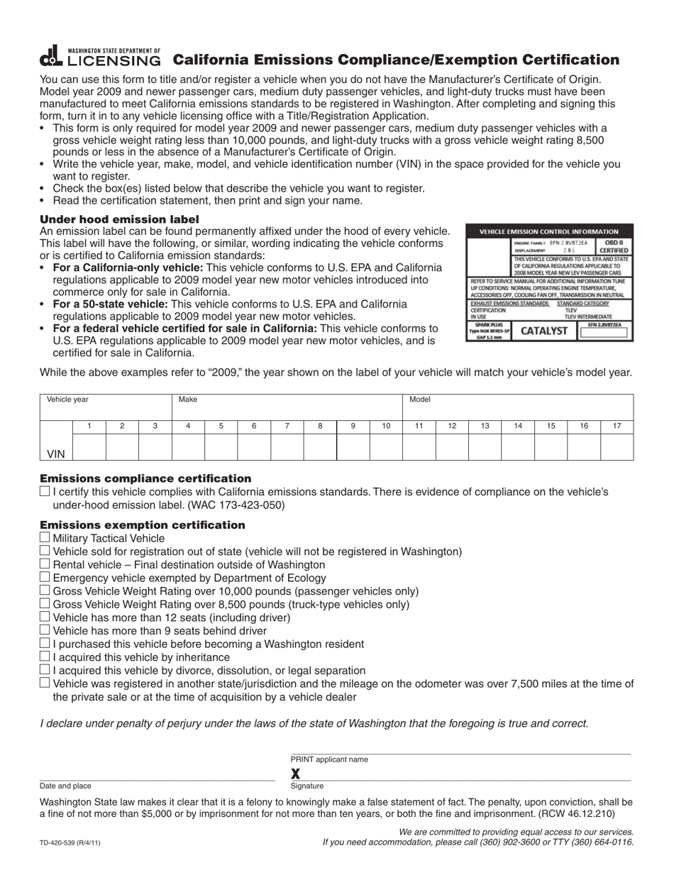 Form TD-420-539 California Emissions Compliance / Exemption Certification - Washington, Page 1