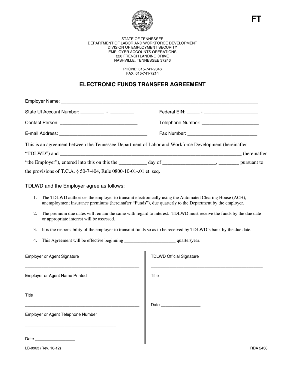 Form LB-0963 Electronic Funds Transfer Agreement - Tennessee, Page 1
