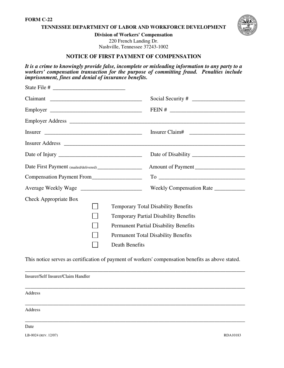 Form C-22 (LB-0024) Notice of First Payment of Compensation - Tennessee, Page 1