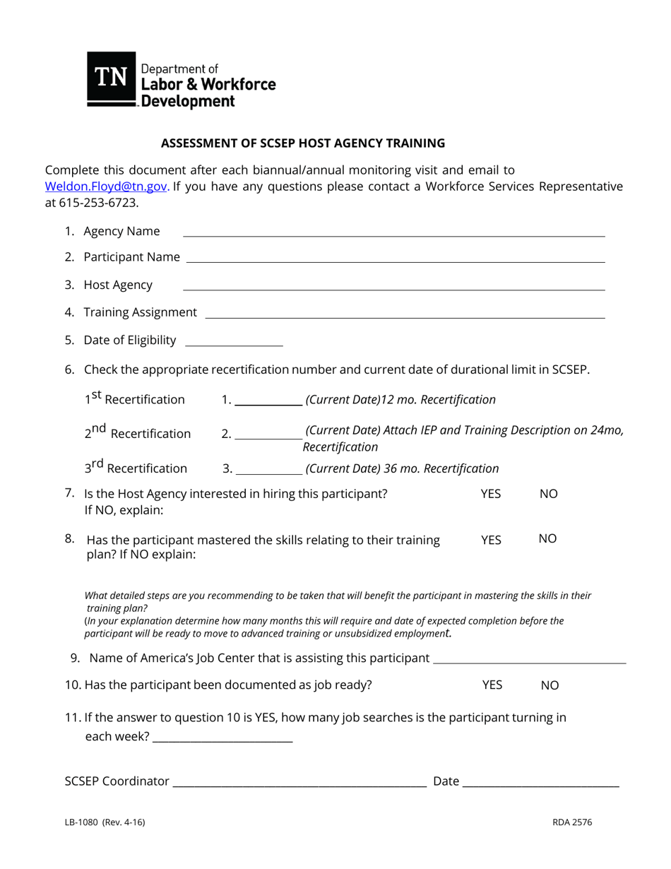 Form LB-1080 Assessment of Scsep Host Agency Training - Tennessee, Page 1