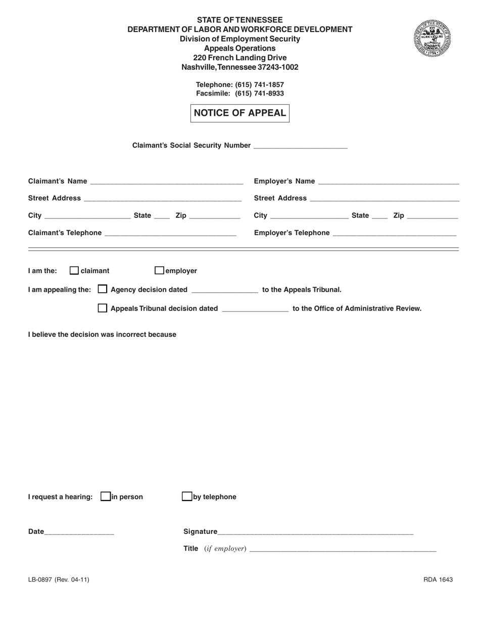 Form LB-0897 Notice of Appeal - Tennessee, Page 1