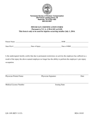 Document preview: Form LB-1109 Physician Certification Form - Tennessee