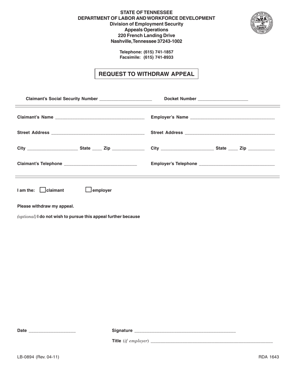 Form LB-0894 Request to Withdraw Appeal - Tennessee, Page 1