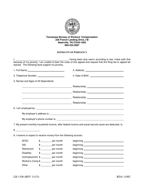 Form LB-1108 Affidavit of Indigency - Tennessee