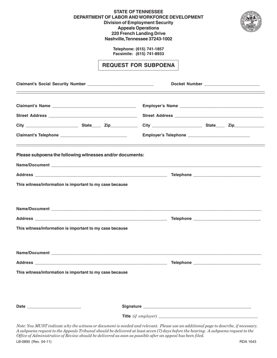 Form LB-0895 Request for Subpoena - Tennessee, Page 1