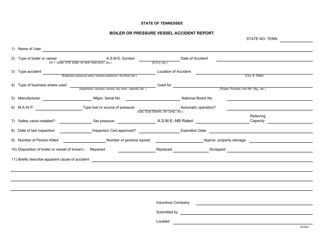 Document preview: Form IN-0927 Boiler or Pressure Vessel Accident Report - Tennessee