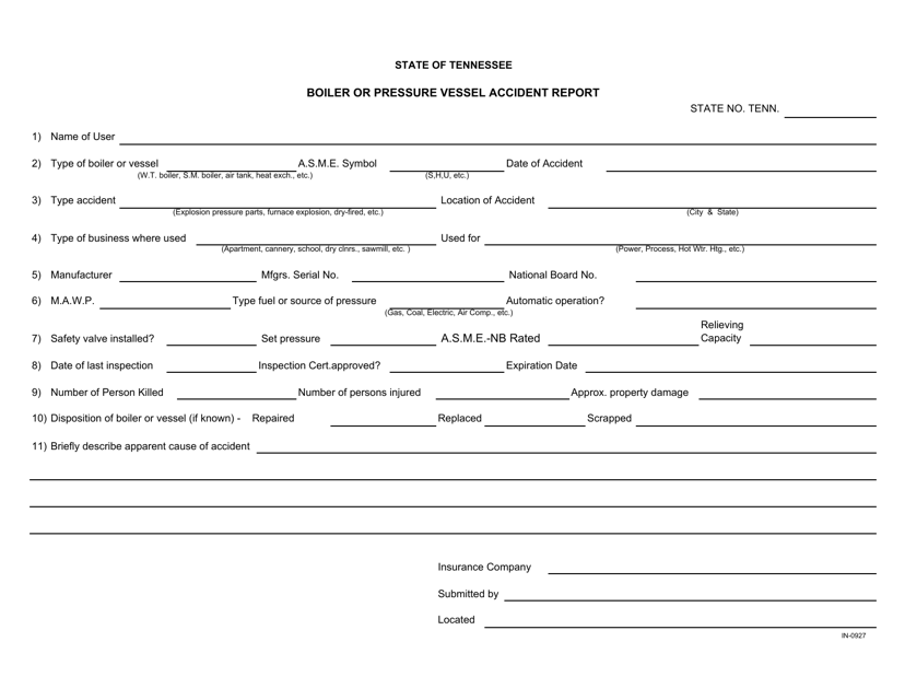 Form IN-0927 Boiler or Pressure Vessel Accident Report - Tennessee