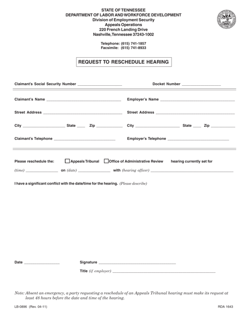 Form LB-0896 Request to Reschedule Hearing - Tennessee