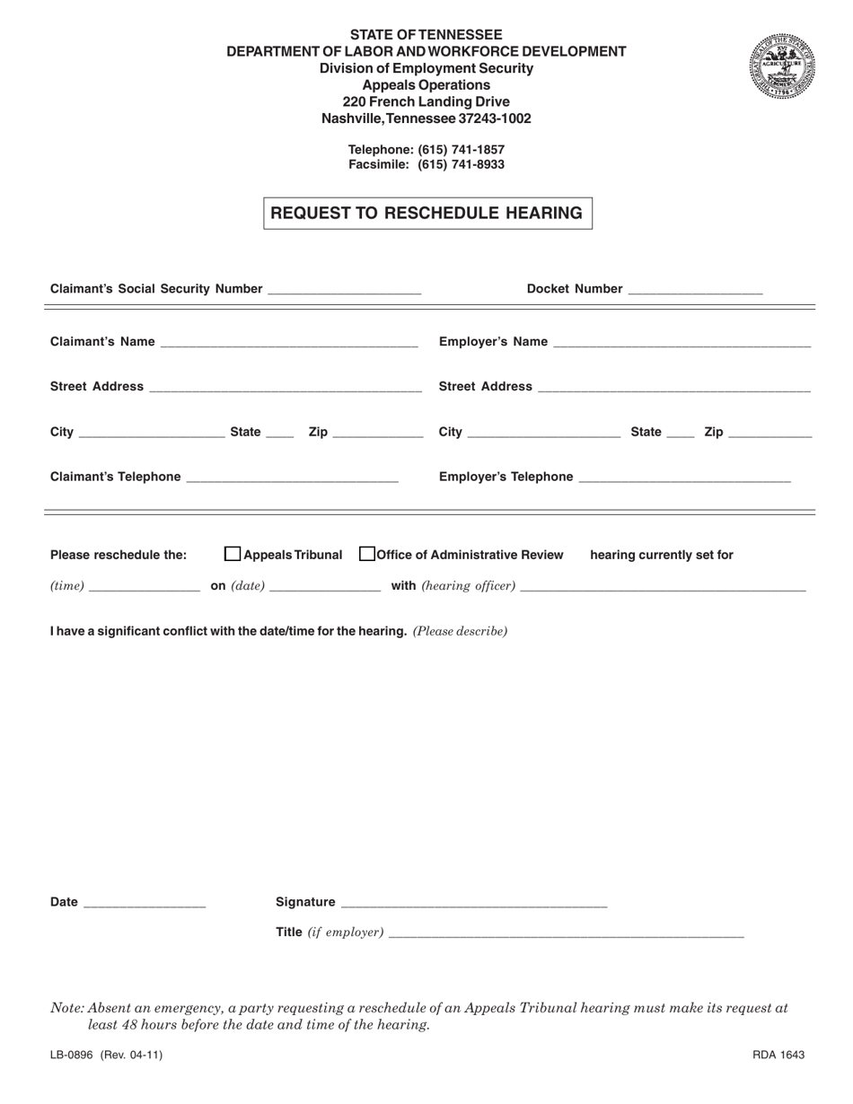 Form LB-0896 Request to Reschedule Hearing - Tennessee, Page 1