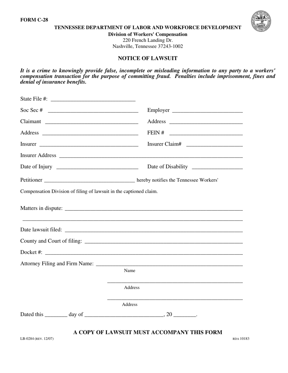 Form LB-0284 (C-28) Notice of Lawsuit - Tennessee, Page 1