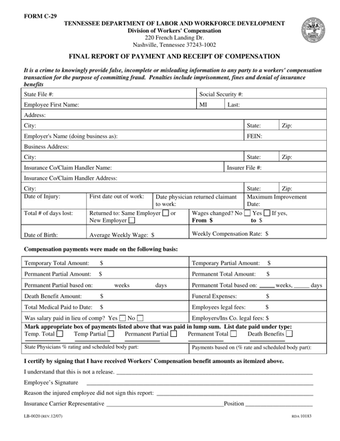Form LB-0020 (C-29) Final Report of Payment and Receipt of Compensation - Tennessee