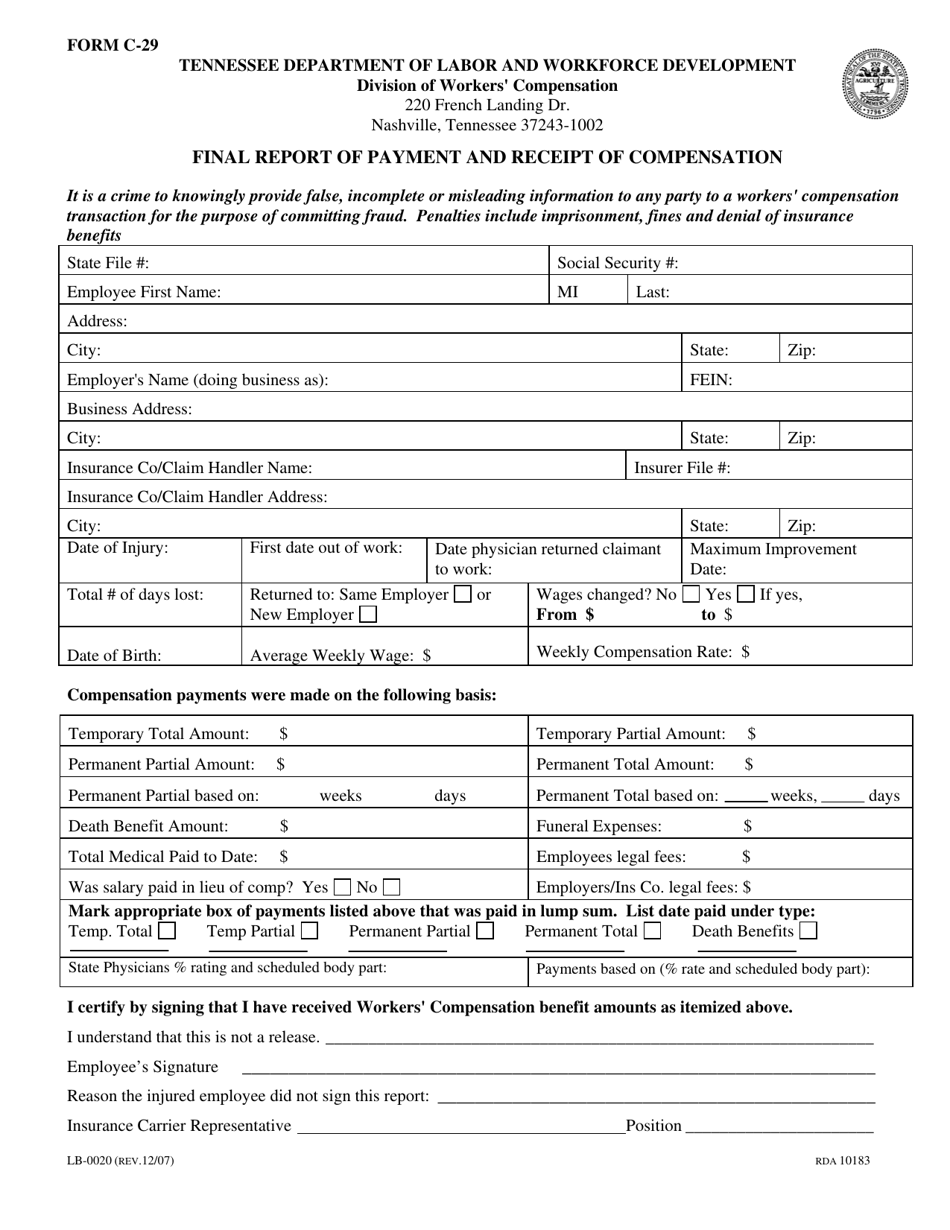 Form LB-0020 (C-29) Final Report of Payment and Receipt of Compensation - Tennessee, Page 1