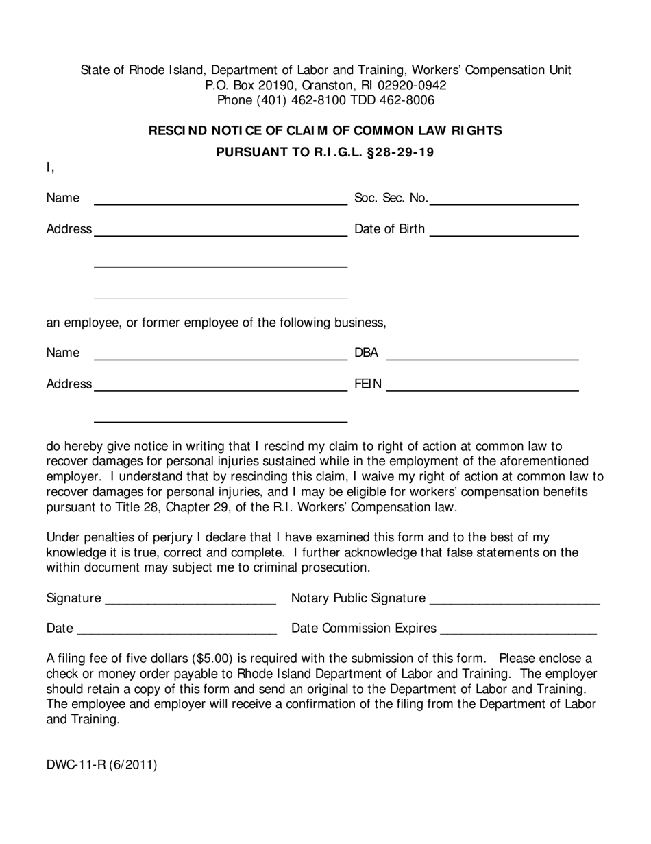Form DWC-11-R Rescind Notice of Claim of Common Law Rights - Rhode Island, Page 1