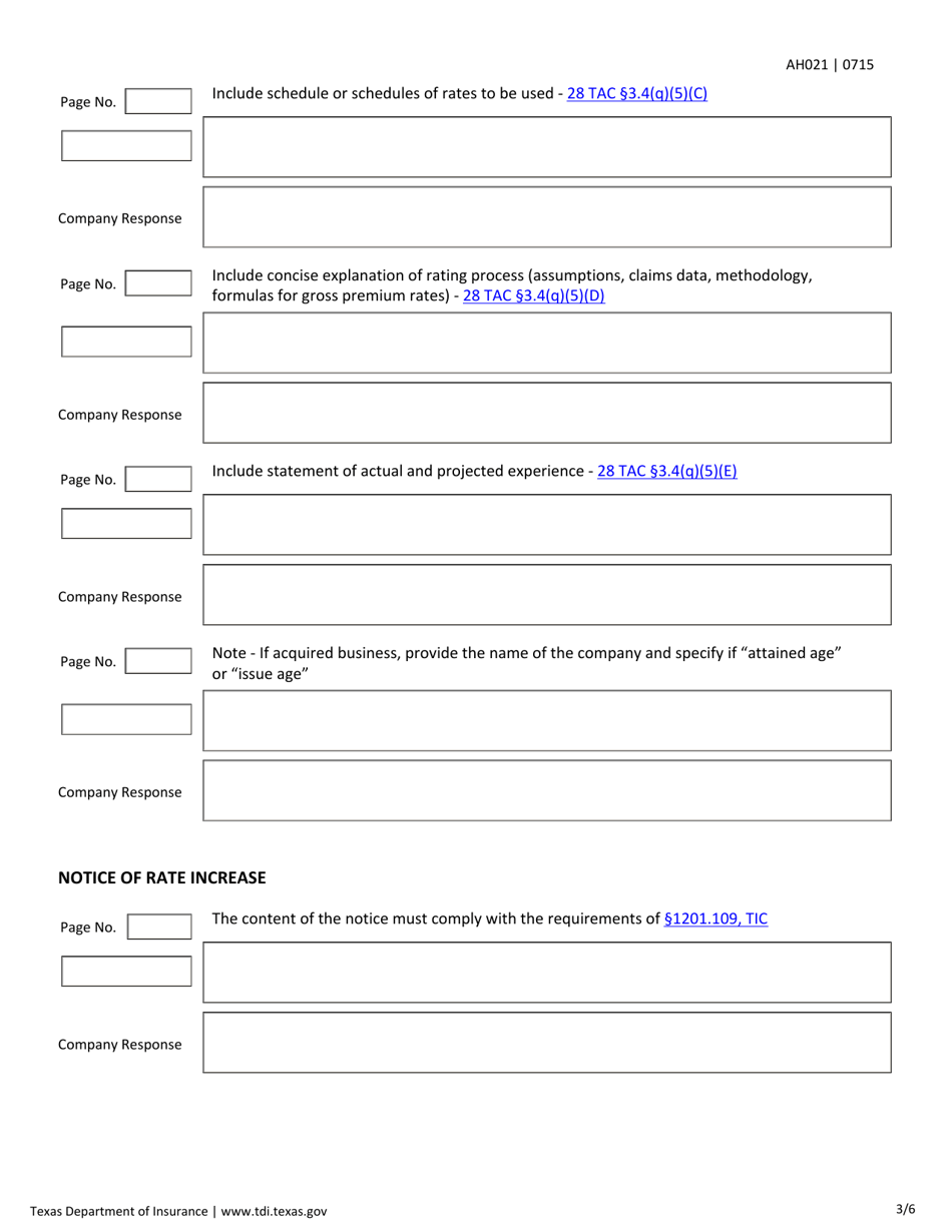 Form AH021 Individual Health Rate / Rate Increase Filing Requirements Checklist - Texas, Page 3