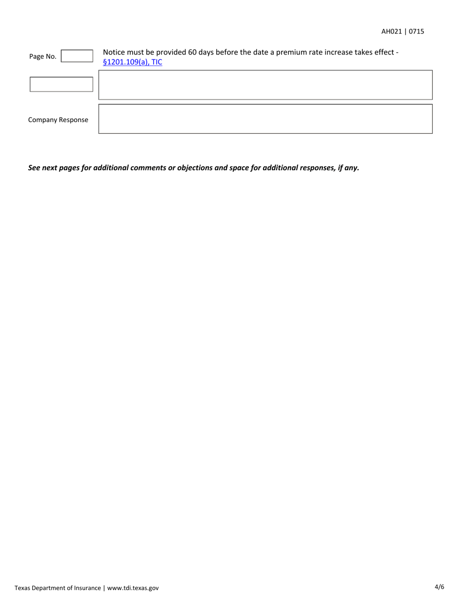 Form AH021 Individual Health Rate / Rate Increase Filing Requirements Checklist - Texas, Page 4