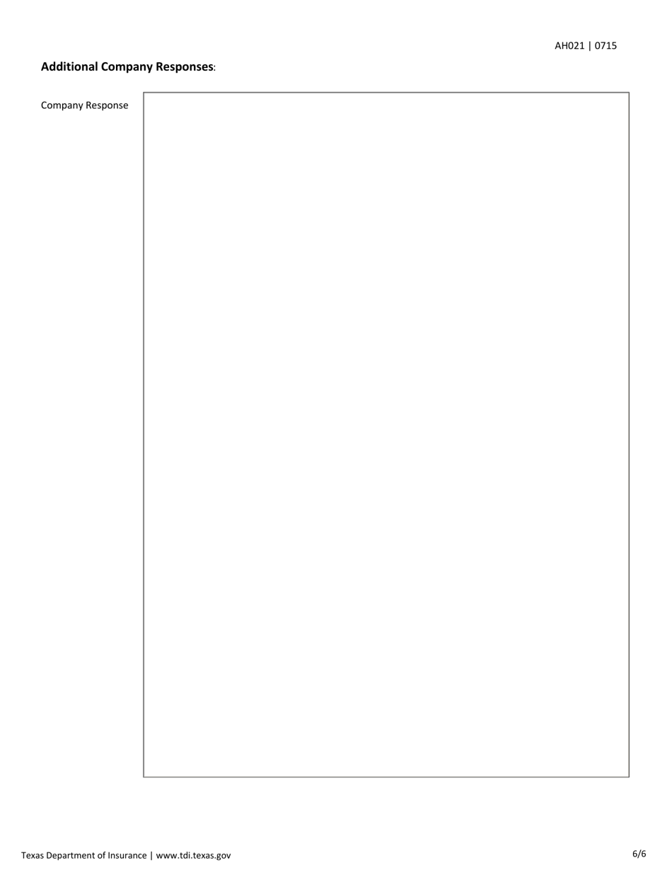 Form AH021 Individual Health Rate / Rate Increase Filing Requirements Checklist - Texas, Page 6