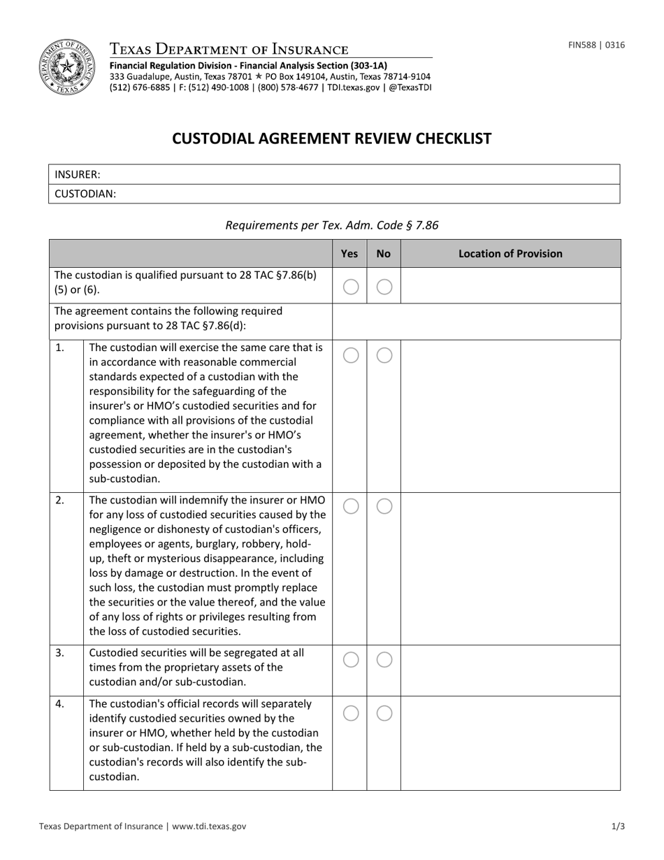 Form FIN588 Custodial Agreement Review Checklist - Texas, Page 1