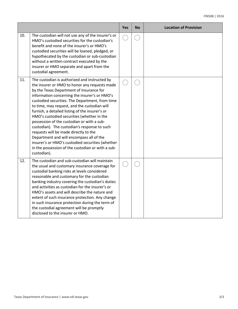 Form FIN588 Custodial Agreement Review Checklist - Texas, Page 3