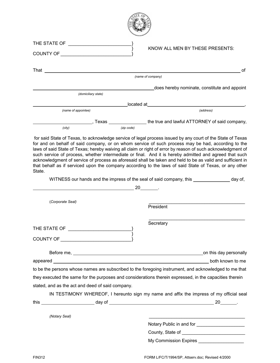 Form FIN312 Attorney for Service - Texas, Page 1