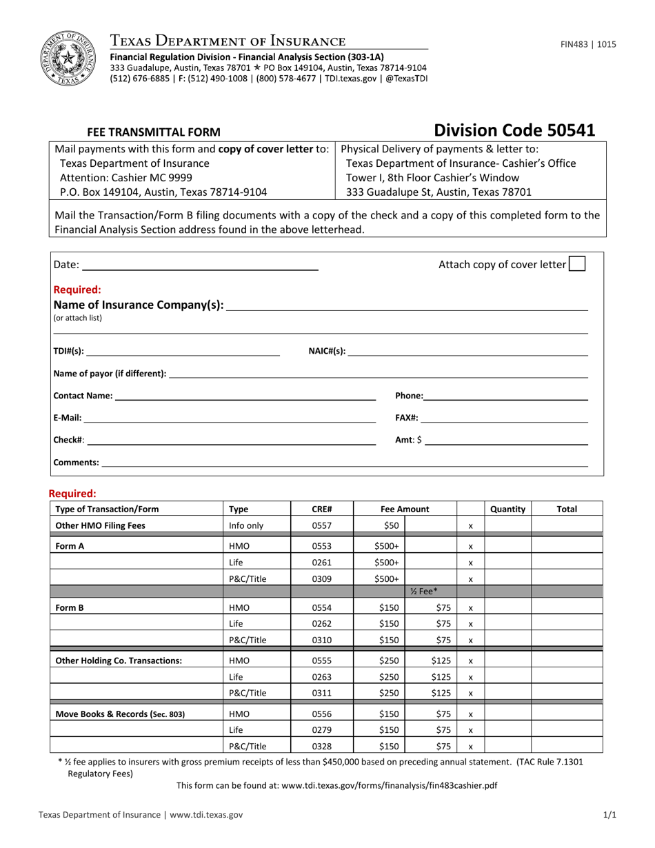 Form FIN483 Fee Transmittal Form - Texas, Page 1