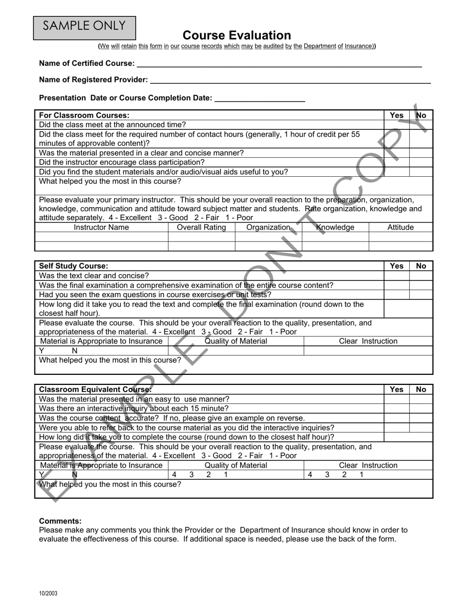 Sample Course Evaluation - Texas, Page 1