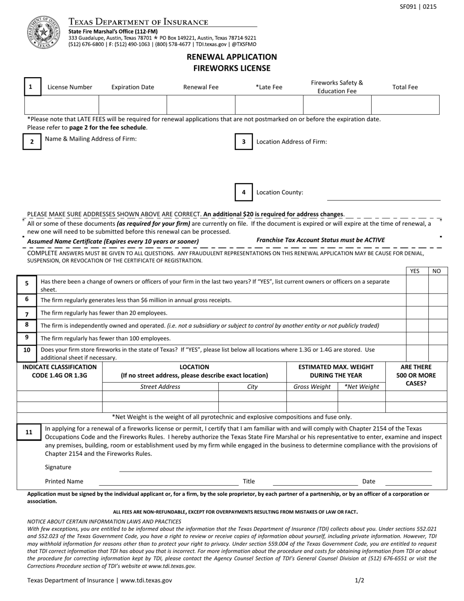 Form SF091 Renewal Application - Fireworks License - Texas, Page 1