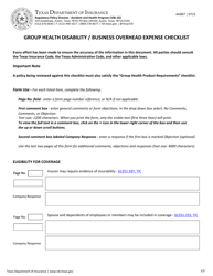 Document preview: Form AH007 Group Health Disability/Business Overhead Expense Checklist - Texas
