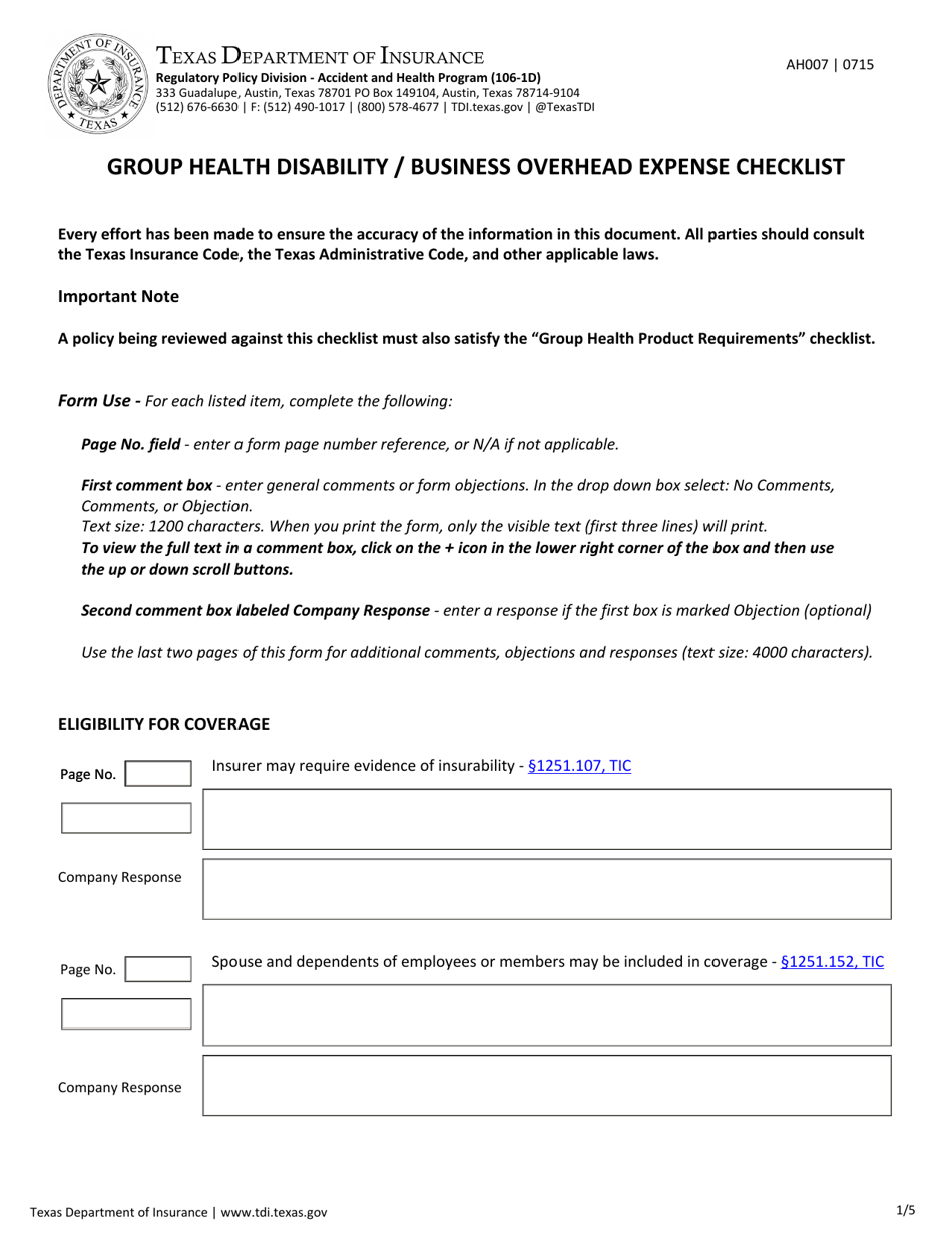 Form AH007 Group Health Disability / Business Overhead Expense Checklist - Texas, Page 1