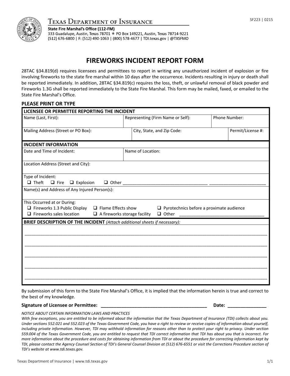 Form SF223 Fireworks Incident Report Form - Texas, Page 1
