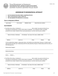 Document preview: Form FIN589 Addendum to Biographical Affidavit - Texas
