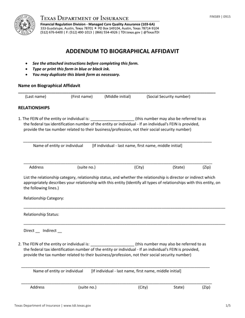 Form FIN589 Addendum to Biographical Affidavit - Texas