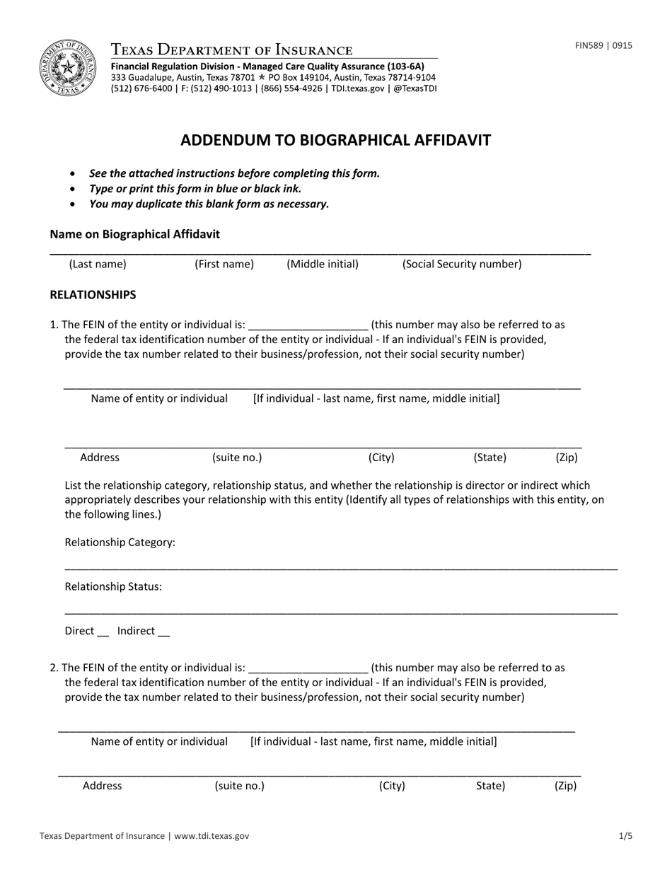 Form FIN589 Addendum to Biographical Affidavit - Texas, Page 1