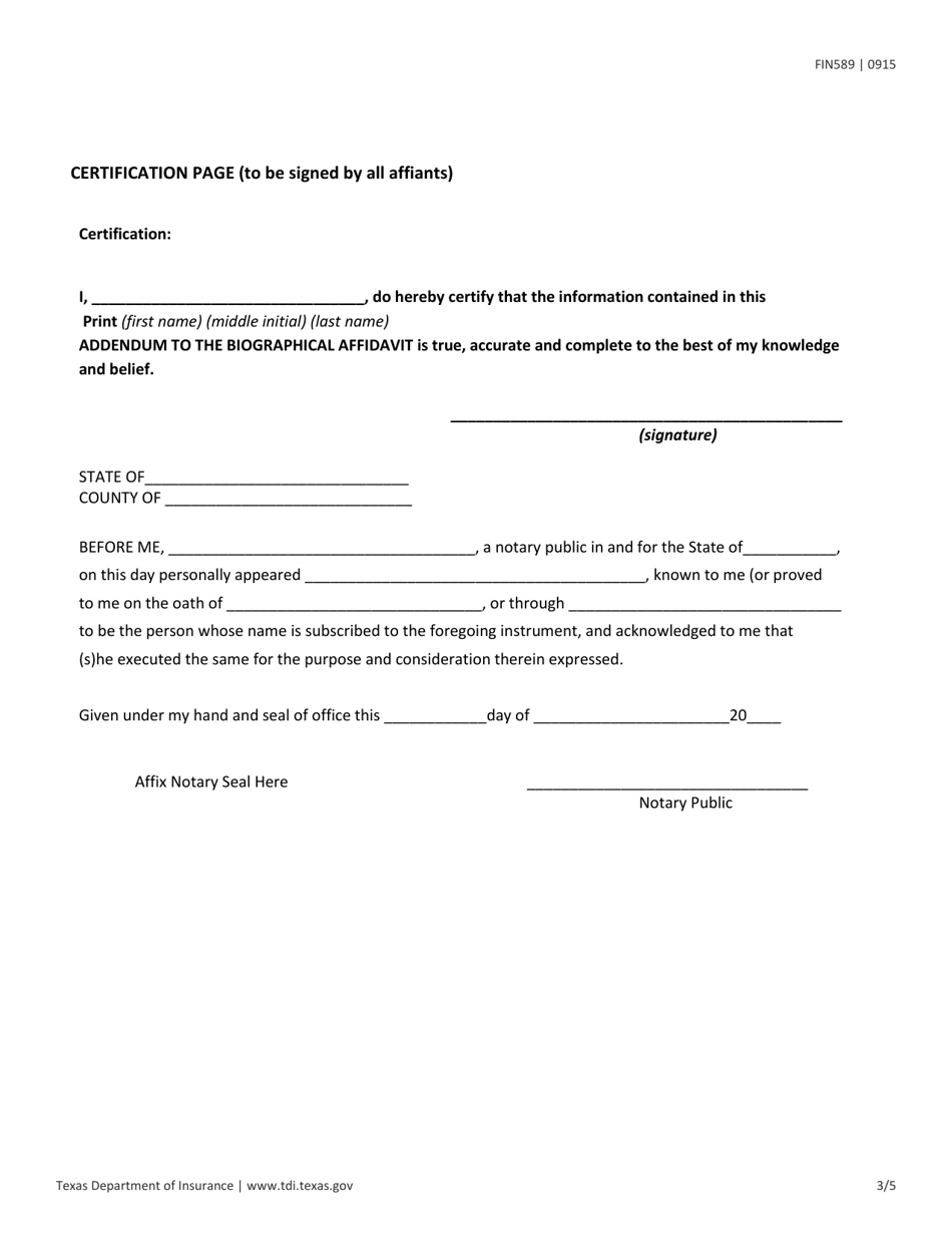 Form FIN589 Addendum to Biographical Affidavit - Texas, Page 3