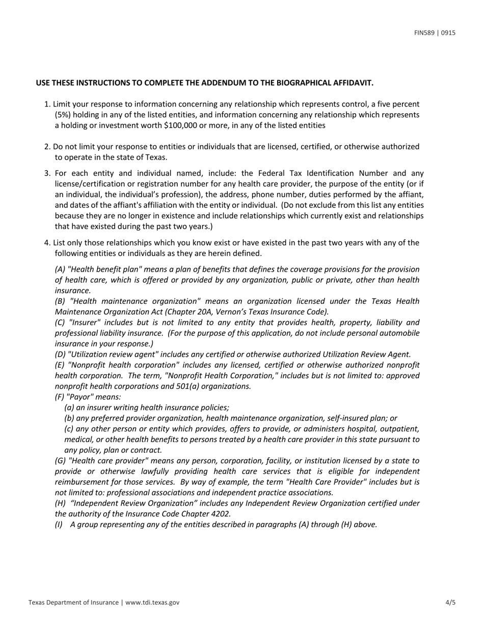 Form FIN589 Addendum to Biographical Affidavit - Texas, Page 4