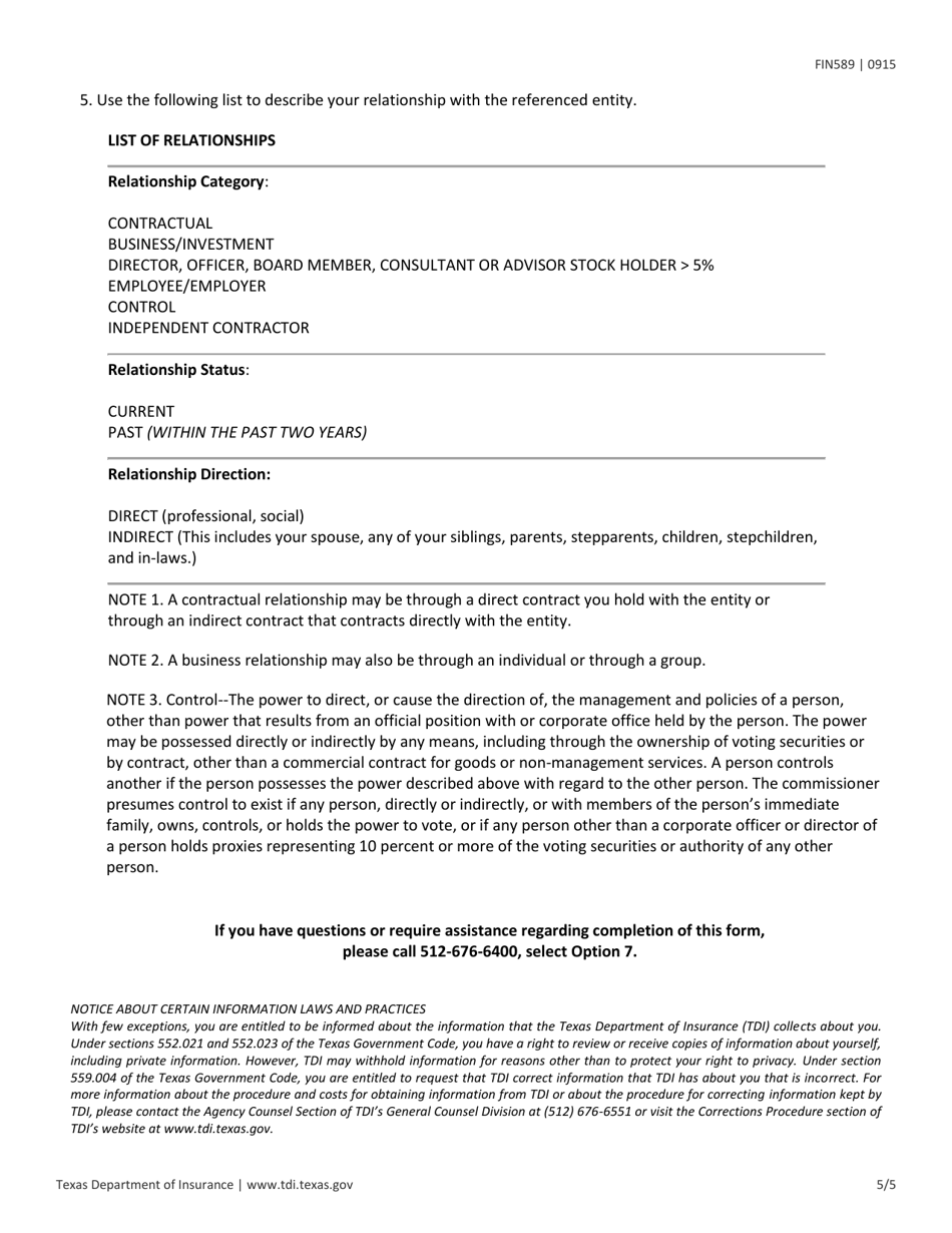 Form FIN589 Addendum to Biographical Affidavit - Texas, Page 5