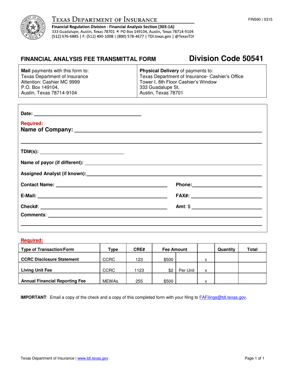 Form FIN590 Financial Analysis Fee Transmittal Form - Texas, Page 1